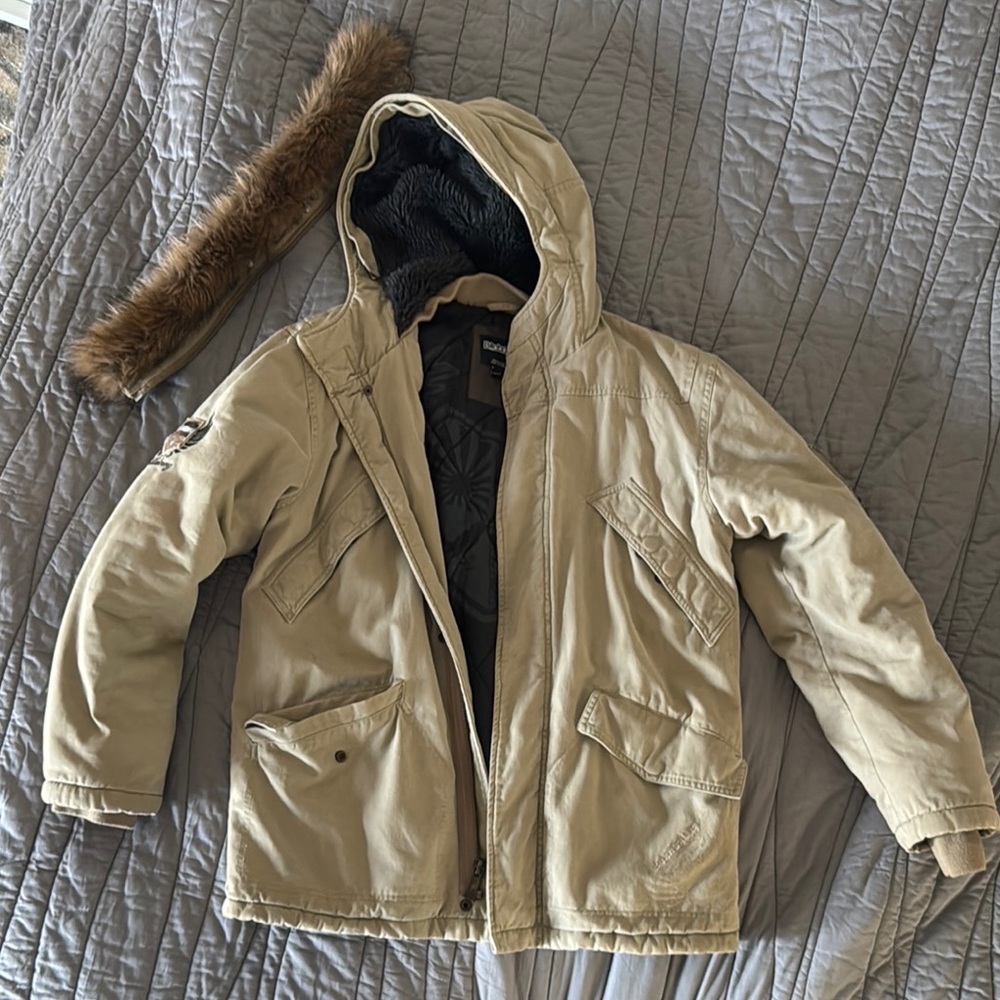 Billabong Tan Military Field Jacket with Brown Fur Trim